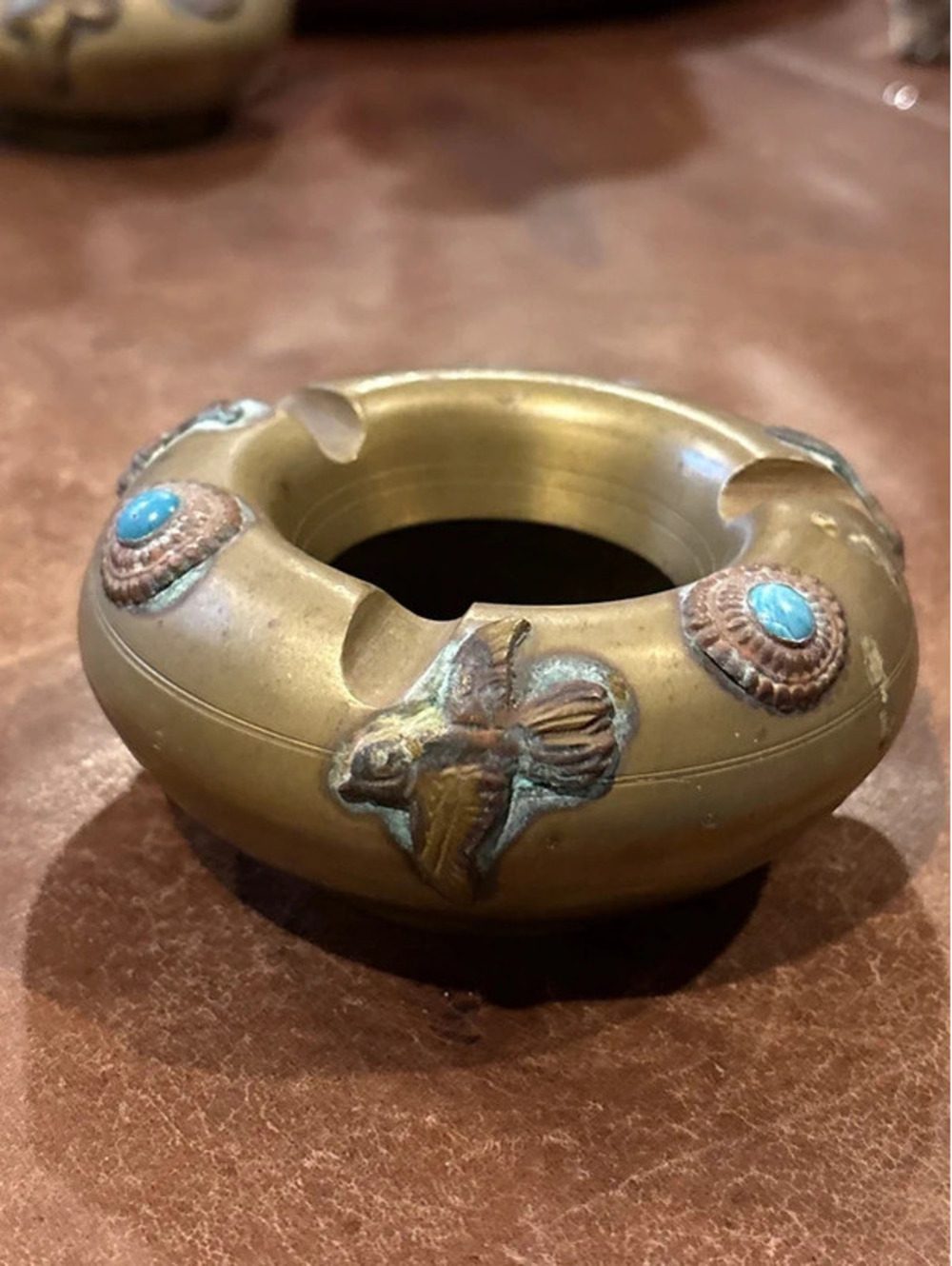 Vintage Brass Swallow Birds & Turquoise Ashtray